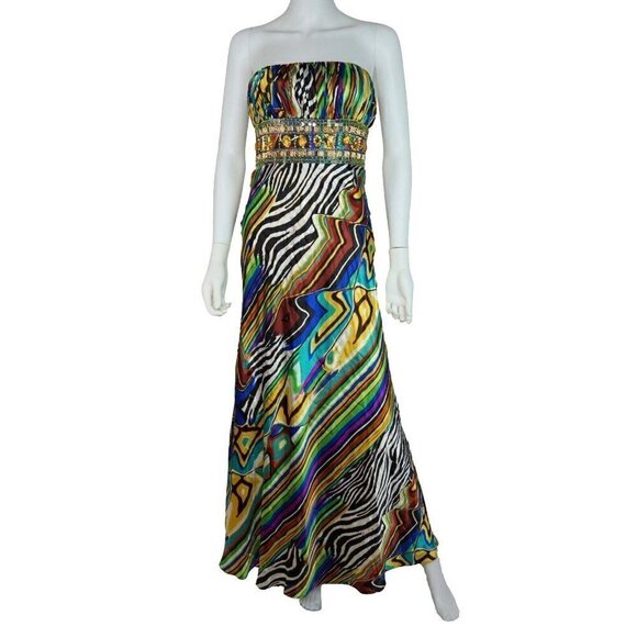Cache Liquid Satin Formal Prom Dress Zebra Multicolored Stripes Beaded Women's 2 - Picture 5 of 6